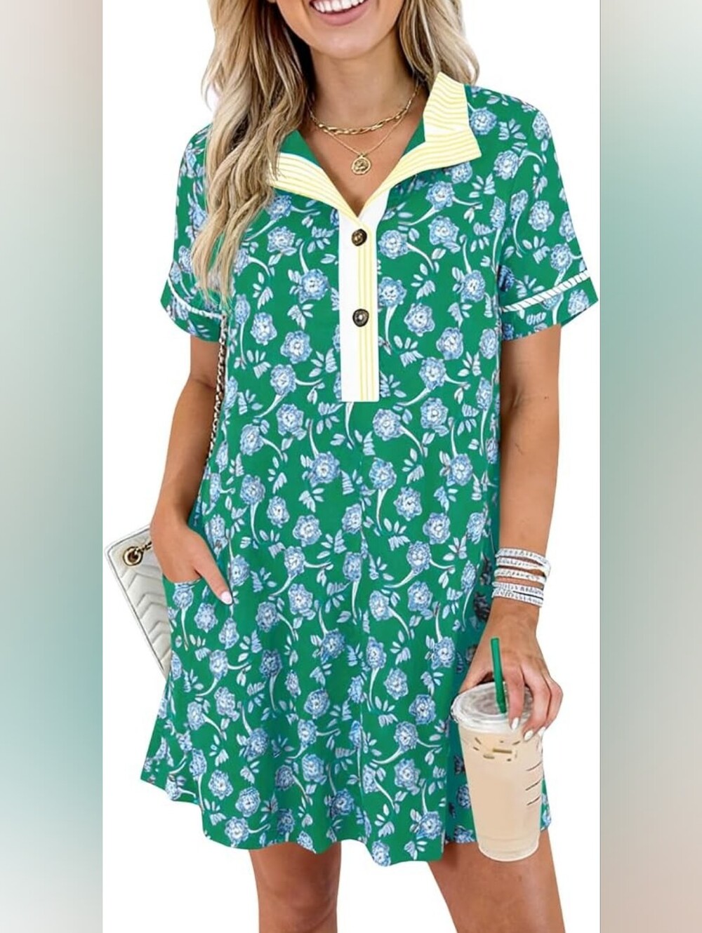 NEW Wenrine Floral Green Dress Short Sleeve Collared Button Down Size MEDIUM
